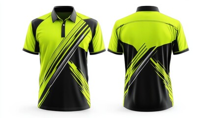 front and back view of a cricket team jersey mockup, with lime green, black, and silver,  isolated on a white background