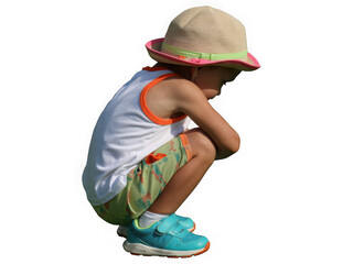 Young child in a hat and summer clothes crouching down isolated on transparent background