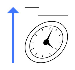 Clock tilted with upward blue arrow indicating progress. Ideal for time management, productivity, goal setting, efficiency, improvement, career growth, simple flat metaphor