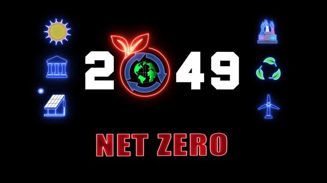 Illustrating the global mission to achieve net zero emissions by 2049, focusing on ecological balance and clean energy.