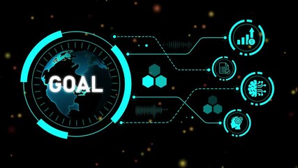 Futuristic Digital Globe with Goal Achievement Icons and Data Visualization on Black Background Keywords: globe, earth, world, goal, objective, target, success, achievement, strategy, planning - Powered by Adobe