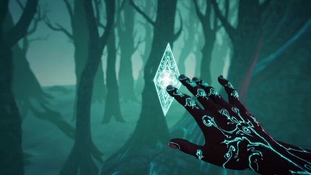 Enchanted forest portal, Crystal illumination under sunset amid towering woods, Magical crystal floating as explorer mage reaches toward glowing gateway amid twilight and ancient foliage