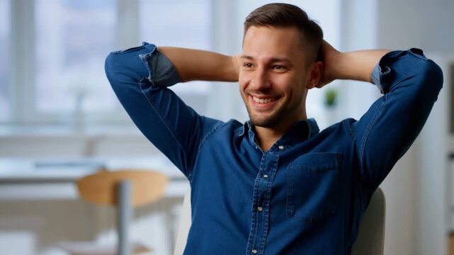 A man sitting relaxed, smiling while resting his hands behind his head. The man appears comfortable and at ease Stock Video