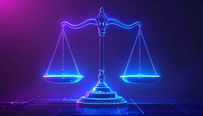 Neon Scales of Justice with Glowing Light and Grid Background