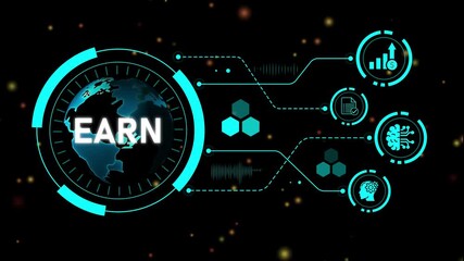 Digital Earth Displaying Earn with Connected Icons for Financial Growth and Data Analysis Keywords: earth, globe, world, earn, income, money, finance, profit, revenue, earnings, financial - Powered by Adobe