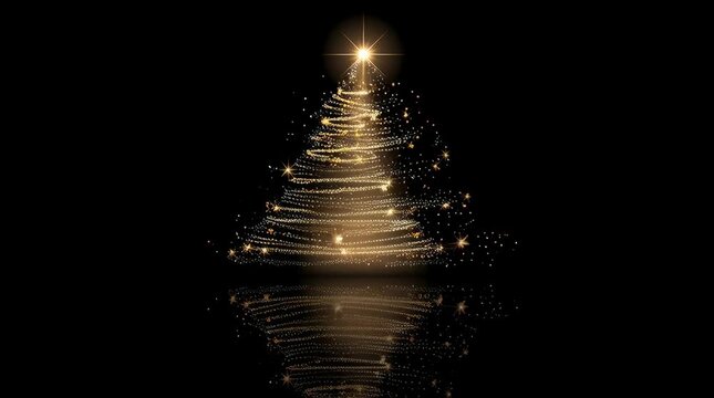 a vector illustration of a golden, glittering christmas tree on a black background. the design is simple, cute, and dreamy, with soft lighting, soft colors, and detailed textures. the composition is 