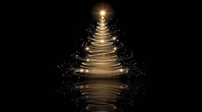 a vector illustration of a golden, glittering christmas tree on a black background. the design is simple, cute, and dreamy, with soft lighting, soft colors, and detailed textures. the composition is 