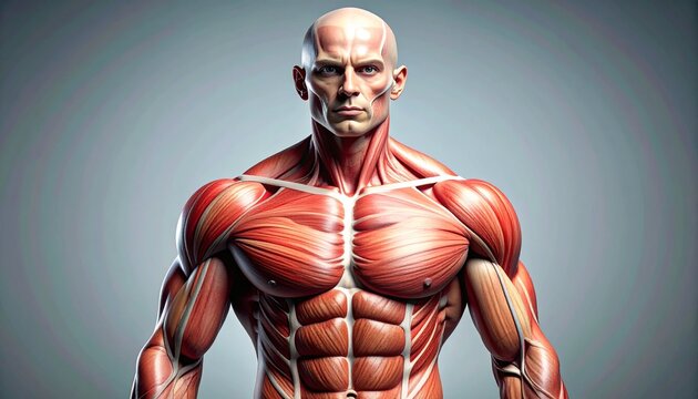 Detailed anatomical illustration of the male muscular system showcasing a powerful and athletic physique