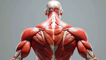 Anatomical illustration of the human muscular system, showcasing the intricate details of the back and shoulder muscles for educational and scientific purposes