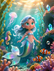 Cute Cartoon Mermaid Swimming in Colorful Underwater World
