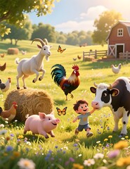 Happy Child Playing with Farm Animals in Sunny Meadow