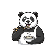 A happy cartoon panda wearing an apron, skillfully eating steaming dumplings with chopsticks from a bowl.
