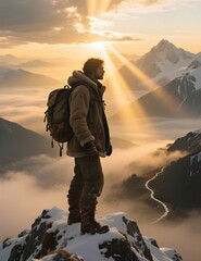 Hiker Standing on Snowy Mountain Peak at Sunrise