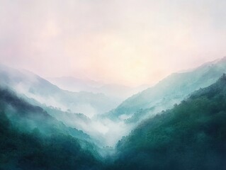 Fototapeta premium Misty mountain sunrise serene valley nature photography tranquil landscape wide angle dreamy atmosphere