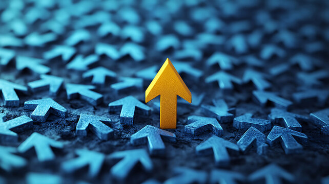 Yellow arrow leading among blue arrows directional success unique vision differentiation progress concept stand out forward thinking
