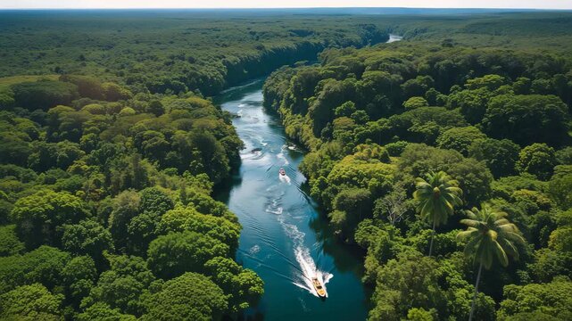 Aerial View of the Amazon Rainforest and River in Brazil's Summer Landscape