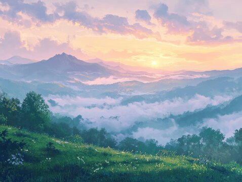 Sunrise over rolling hills serene landscape nature scene lush environment panoramic view tranquility and beauty