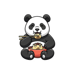 Cartoon panda enjoying a delicious dumpling, sitting and holding chopsticks with a bowl.