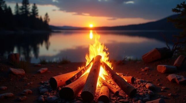 Campfire by tranquil lake at vibrant sunset, warm glowing flames - Powered by Adobe