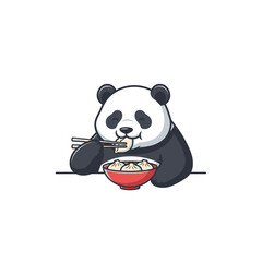 Cartoon panda eating dumplings with chopsticks from a red bowl.