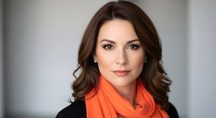 Confident professional woman with bright orange scarf in modern office