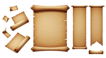 Collection of antique parchment scrolls and rolled paper documents on black background