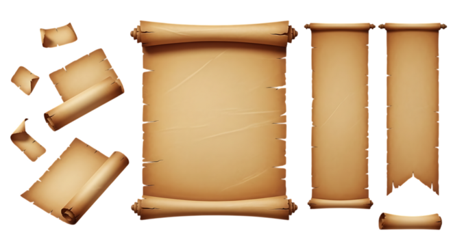 Collection of antique parchment scrolls and rolled paper documents on black background