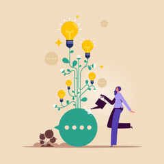 Information or solution for business success, discussion, feedback message or conversation dialogue, businesswoman growing lightbulb idea plant on speech bubble communication
