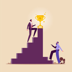 Gender inequality and unfair competition concept, businessman and businesswoman standing in front of different size staircases, different career opportunities