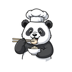 Cartoon panda chef happily eating a dumpling with chopsticks from a bowl of food.