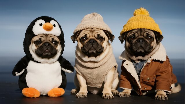Three pug dogs dressed in winter clothing, including a penguin costume, knit hat, and jacket, sitting side by side.