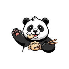 A cute cartoon panda waves while eating delicious dumplings with chopsticks.