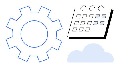Gear, calendar, and cloud represent productivity, planning, and cloud-based solutions. Ideal for automation, system integration, organization time management tech workflow cloud computing. Simple