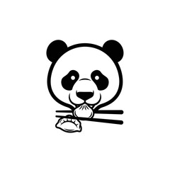 Black and white panda illustration holding chopsticks with a dumpling, food logo.