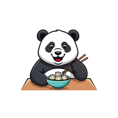 Cartoon panda happily eating dumplings from a blue bowl with chopsticks at a table.
