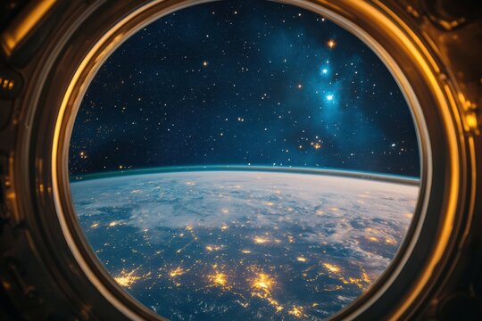 Astronaut viewing earth from space window international space station photography outer space first-person perspective cosmic beauty - Powered by Adobe