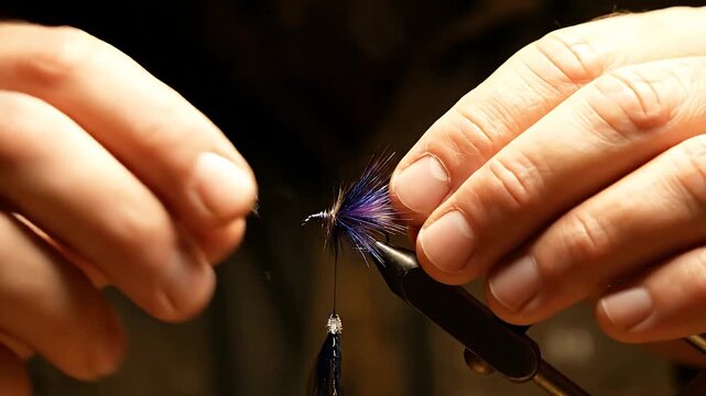Skilled hands tying a colorful salmon fly lure onto a hook in dark studio