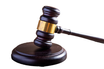A high-quality, perfectly isolated dark wooden gavel with a gold band, resting on its sound block, provided as a professional cutout PNG on a transparent background, symbolizing law and authority.