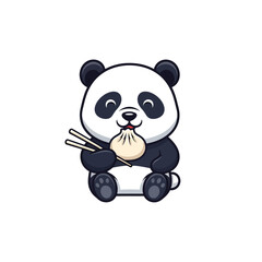 A cute cartoon panda bear happily eating a delicious dumpling with chopsticks.