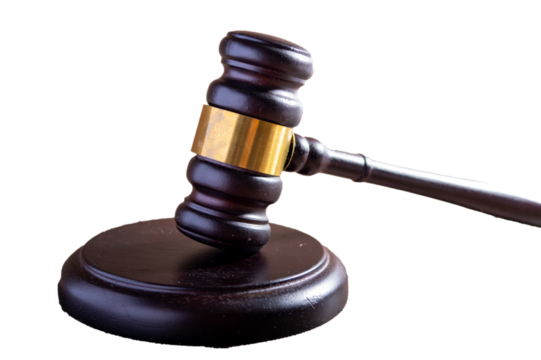 A high-quality, perfectly isolated dark wooden gavel with a gold band, resting on its sound block, provided as a professional cutout PNG on a transparent background, symbolizing law and authority.
