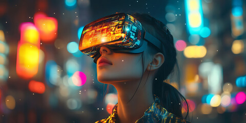 Young woman experiencing digital reality with vr headset in vibrant city lights at night futuristic technologies exploration