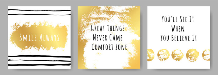 Naklejka premium Golden abstract background with inspiration and motivation quotes. Success phrases for workplace and personal development. Layout for social media posts, stories, greeting cards and posters.