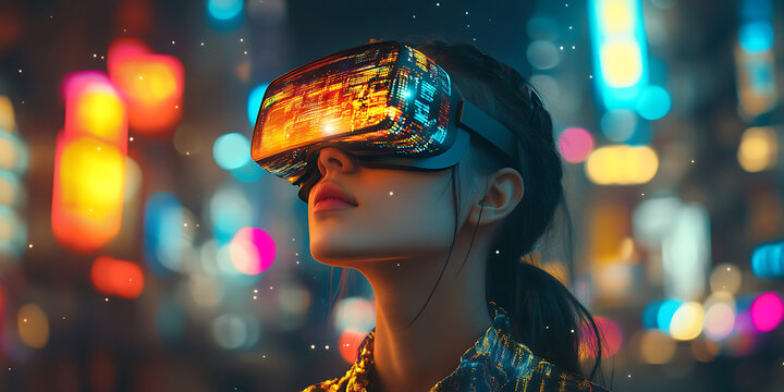 Young woman experiencing digital reality with vr headset in vibrant city lights at night futuristic technologies exploration
