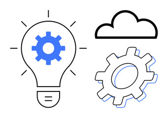 Light bulb with gear insert, cloud, and separate gear symbolizing innovation, cloud computing, and process improvement. Ideal for technology, innovation, cloud services, business strategy data