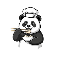 A cartoon chef panda wearing a white hat, happily eating dumplings with chopsticks from a bowl.