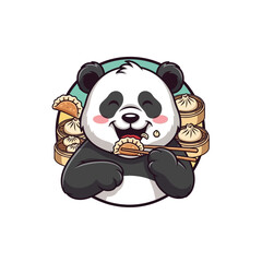 A cute cartoon panda happily eating dumplings with chopsticks, surrounded by bamboo steamers.