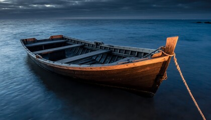 Naklejka premium Wooden Boat Moored Calm Ocean Under Cloudy Sky During Twilight