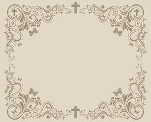 Fototapeta premium Art deco frames with cross. Christian Symbol design elements isolated on background. Ornate Cross. Horizontal Frame. Memorial design elements. Vector illustration