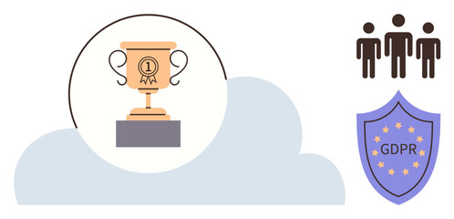 Golden trophy on a pedestal, three people icon, GDPR shield, and a cloud shape. Ideal for privacy compliance, teamwork, success, leadership, digital security collaboration simple flat metaphor