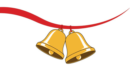 Golden Wedding Bells Hanging from a Red Ribbon.